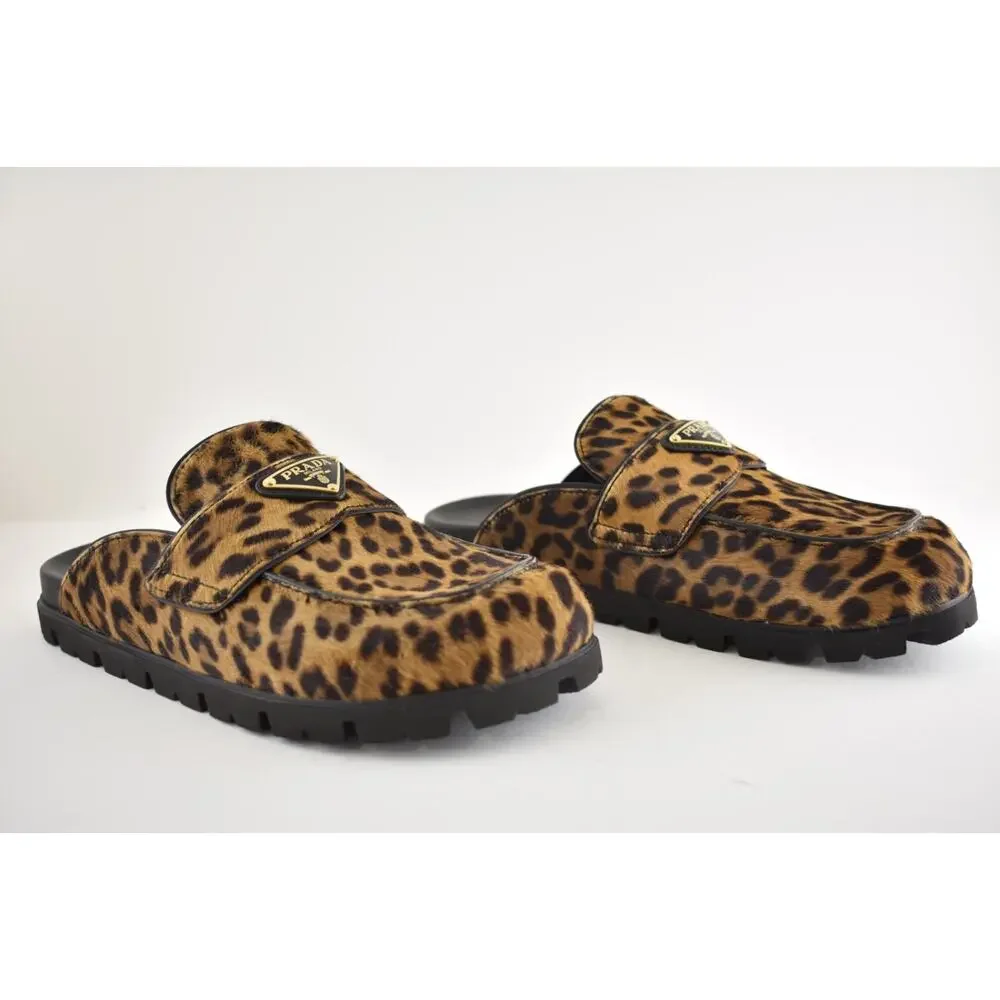 Prada Leopard Pony Fur Fussbett Gold Logo Loafer Slip On Slide Mule Flat 37